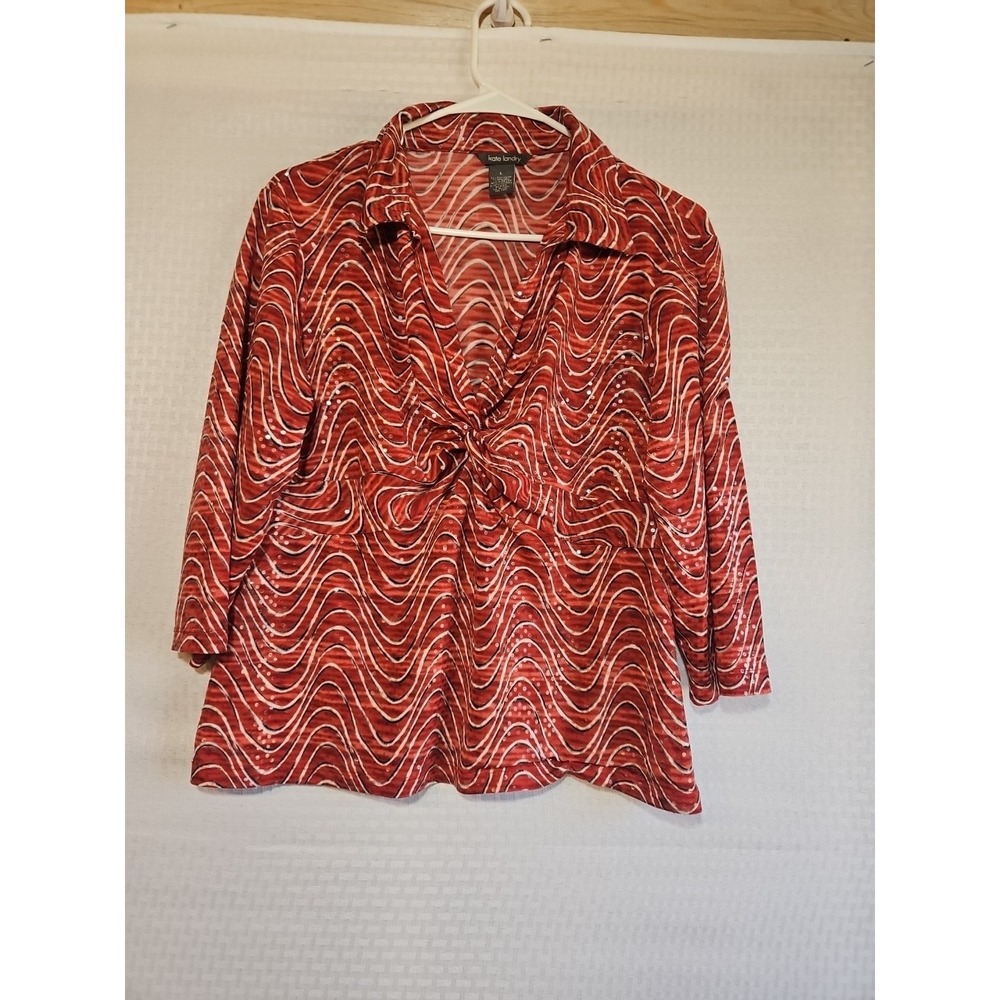 Kate Landry Women's‎ Large L Collared Blouse Clear Sequins Red Black Swirl USA